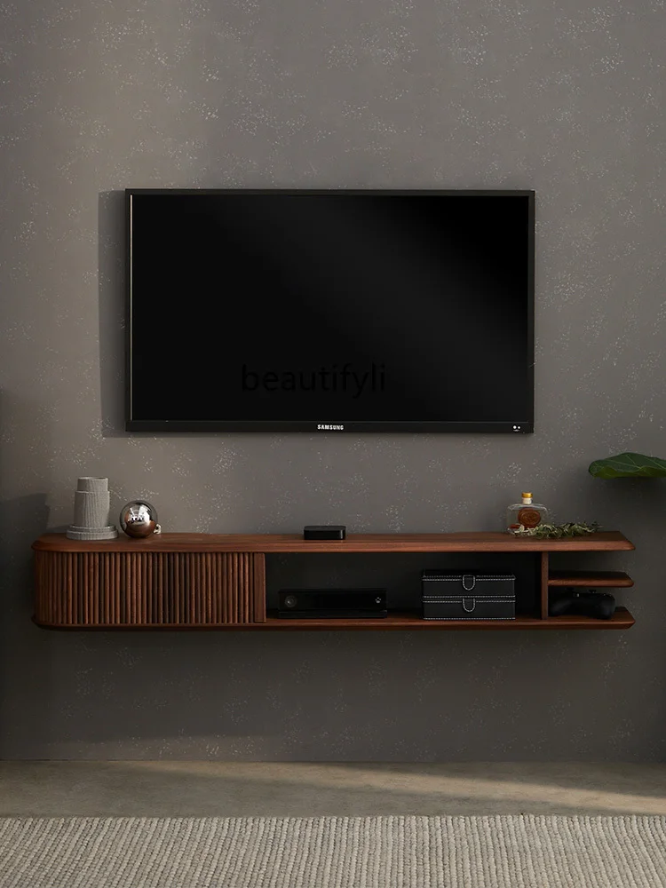 

Black Walnut TV Cabinet and Tea Table Combination Modern Living Room Solid Wood Wall-Mounted Storage Cabinet