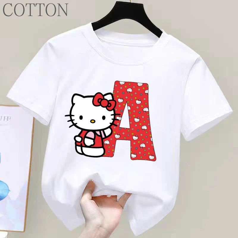 Hello Kitty Anime Letter A-Z Children's Cotton Short-sleeved Top Sanrio Summer Girly Heart Soft Kawaii Birthday Gift T-shirt