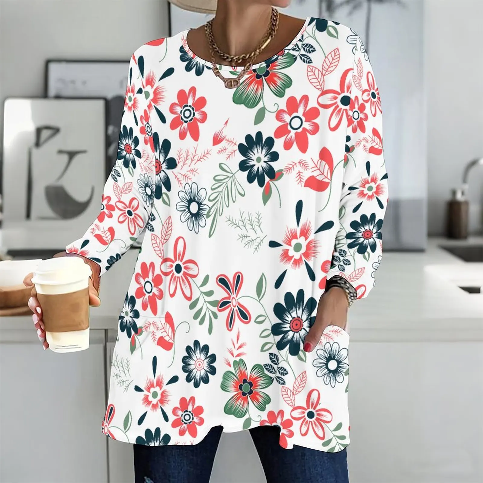 Women Round Neck Long Sleeve Front Pockets Loose Fit Longline Printed Top