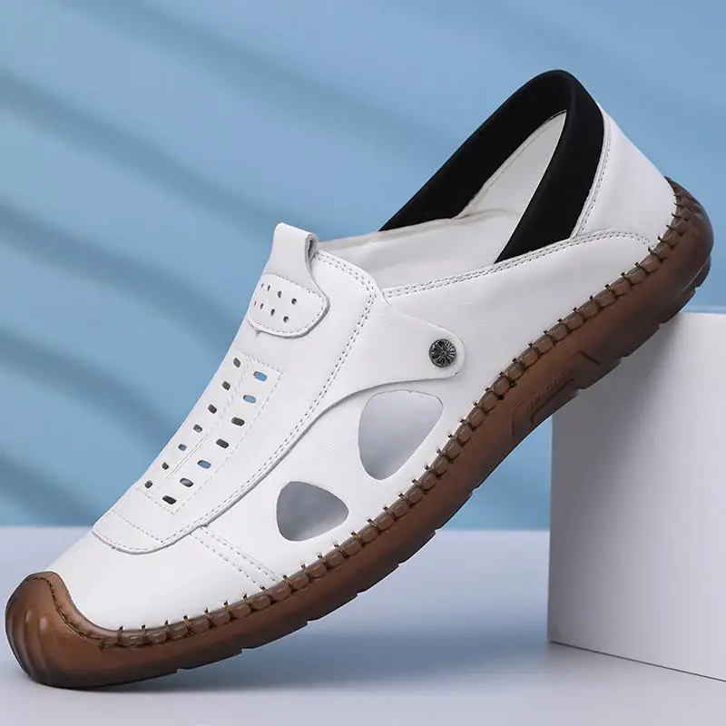 

Летняя обувь 2025 года, мужские сандалии на плоской подошве, нескользящая мягкая летняя брендовая мужская обувь, черный, белый цвет, D485