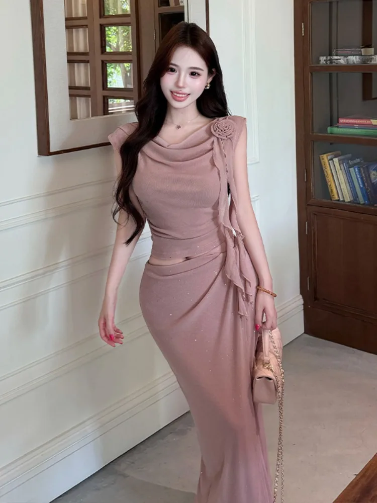 

Retro Spicy Girl Style Diamond Embellished Top Skirt Set Summer Slimming High Slit Long Dress Fashionable Chic Two-Piece Set