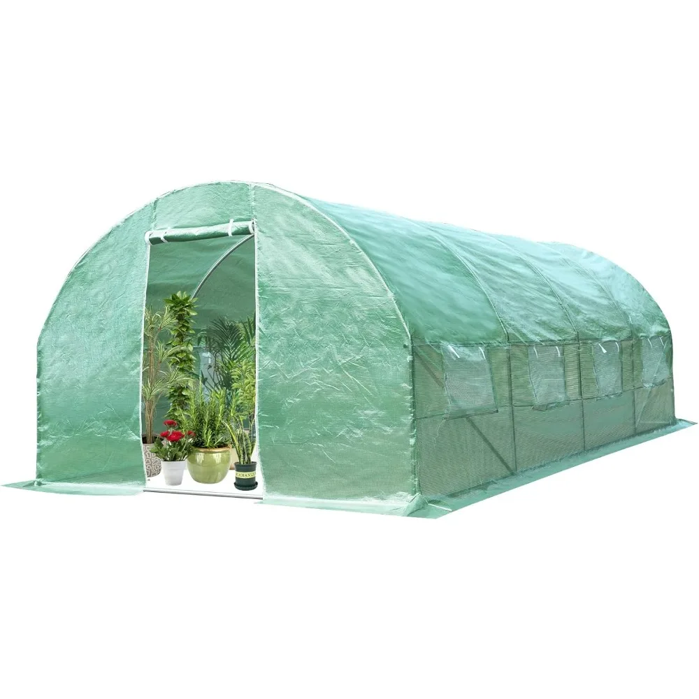 10 x 20 x 6.5 FT Large Walk-in Greenhouse Tunnel Plants Growing Tent with 2 Zippered Doors & 8 Roll-up Windows, Solid