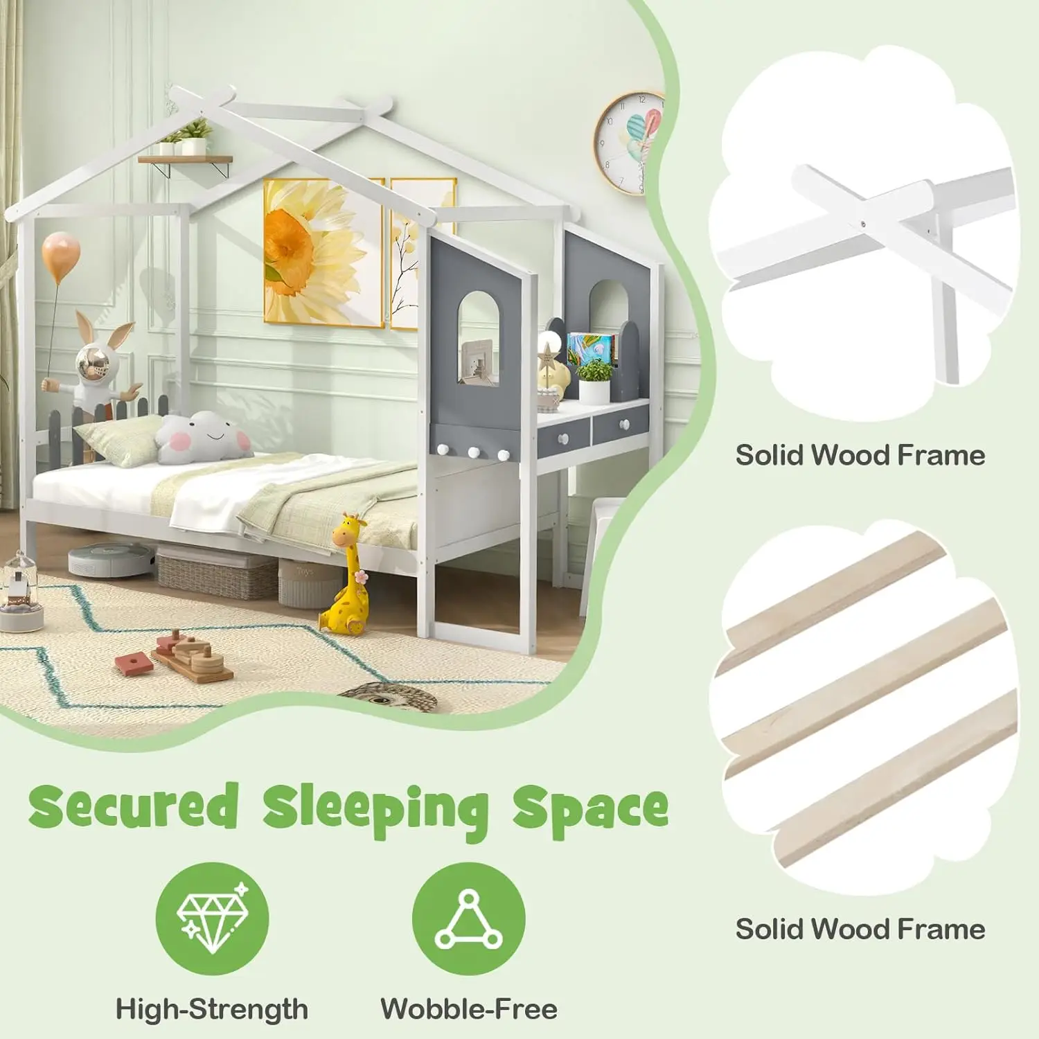 Twin House Bed with Study Desk, Solid Wood Montessori Frame with Roof, Storage Drawers & Hooks, No Box Spring Needed (Twin)