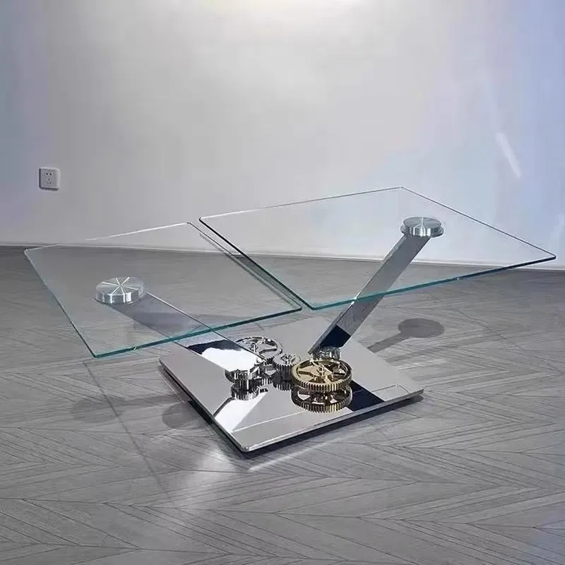 for 2024 Modern Stainless Steel Gear Mechanical Convertible Retractable Low Table with Transparent Tempered Glass Table Top