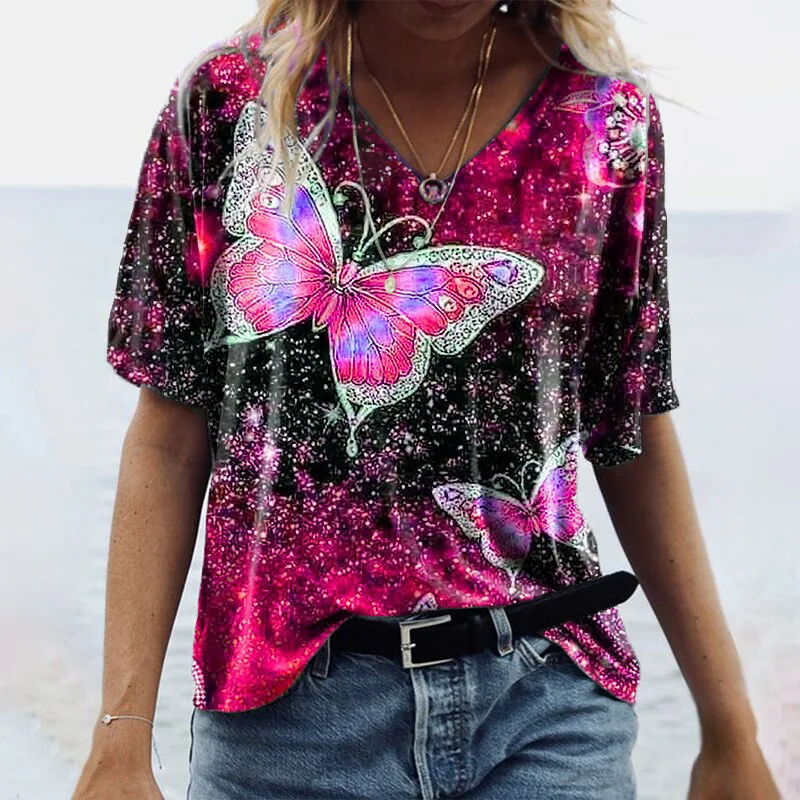 2024 hot selling European and American women's clothing 3D butterfly print casual short sleeved V-neck fashionable T-shirt DIY