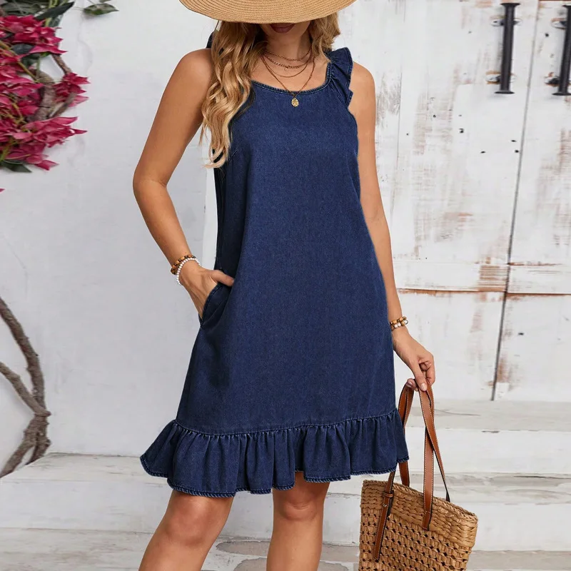 

Women's new denim dress round neck sleeveless pleated Zoubian short skirt