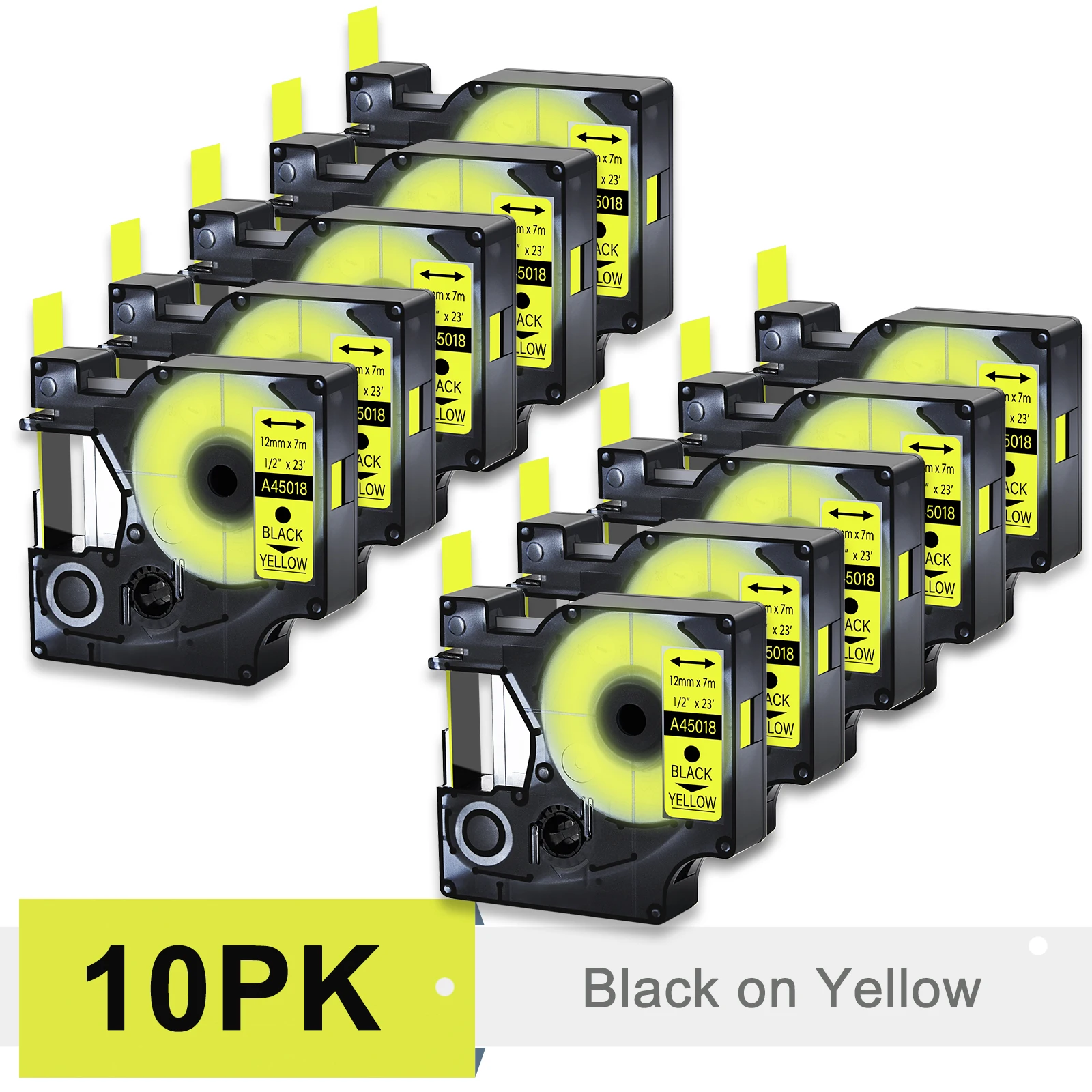 

10PK Black on Yellow 12/19mm D1 Standard Tape Labels Compatile for Dymo 45018 Laminated Ribbon Labels for LabelManager 100 450