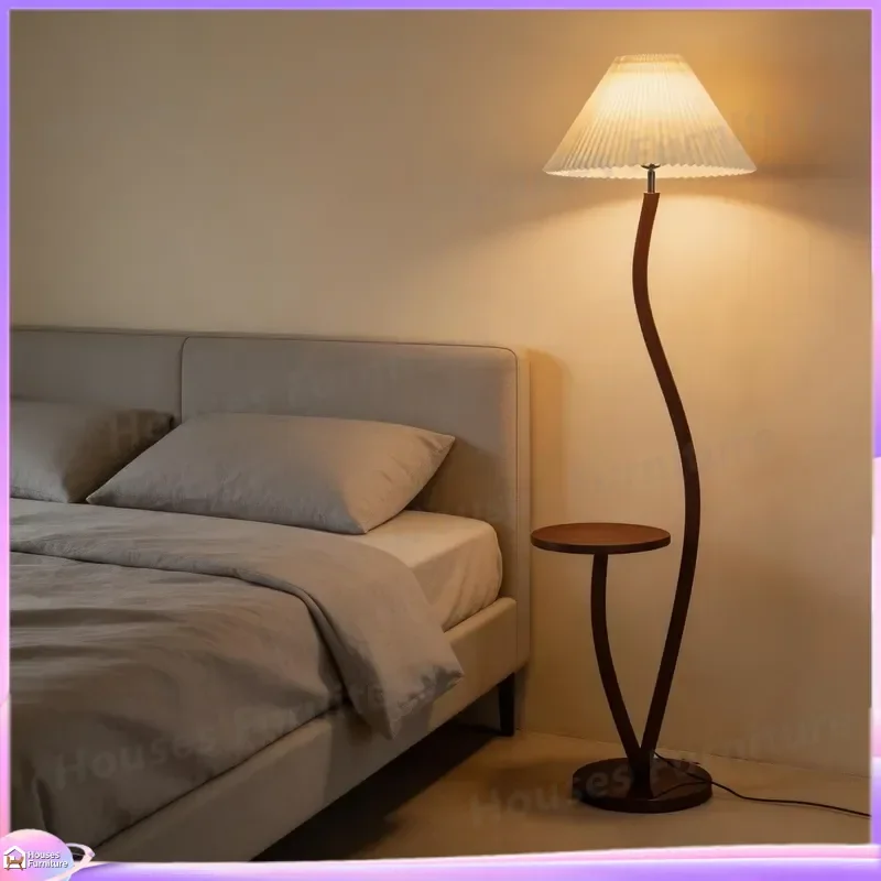 For Floor Lamp with Shelf Integrated Living Room Bedroom Sofa Reading Atmosphere Light Retro Pleated Solid Wood Vertical Desk