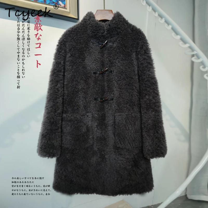Tcyeek 100% Wool Autumn Winter Korean Version Trendy Standing Collar Medium Length Women's Lamb Wool Fur Coat Fourrures Femme