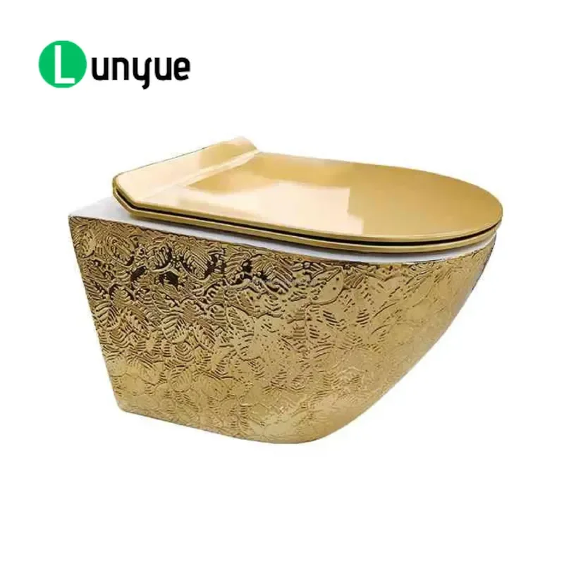 Luxury Gold Wall Mounted Flush Toilet Electroplated Bathroom Fixture for Modern Home Decor High End Dubai Style Sanitary Ware