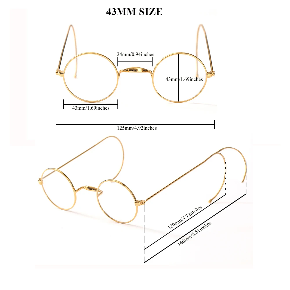 43mm Round Vintage Wire Rim Glasses Optical Eyeglass Frame with Cable Temples for Secure Fit