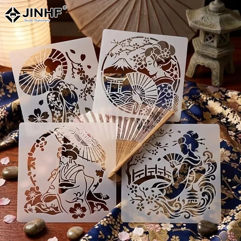 4Pcs Reusable Japanese Geisha Cherry Blossom Mount Fuji Stencils For DIY Home Wall Fabric Painting
