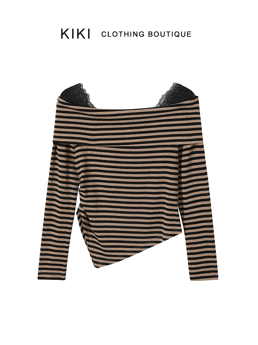 

Kiki кружевной полосатый трикотаж на одно плечо, женский приятный для кожи дышащий топ, весенний новый удобный длинный свек Crew Ne