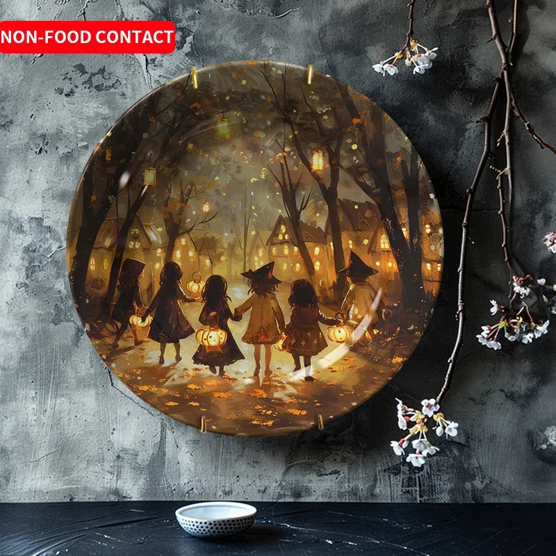 1pc Halloween-Themed Ceramic Decorative Plate - Round Witch Hat & Pumpkin Design, Non-Food Contact Home Decor for Youngsters'