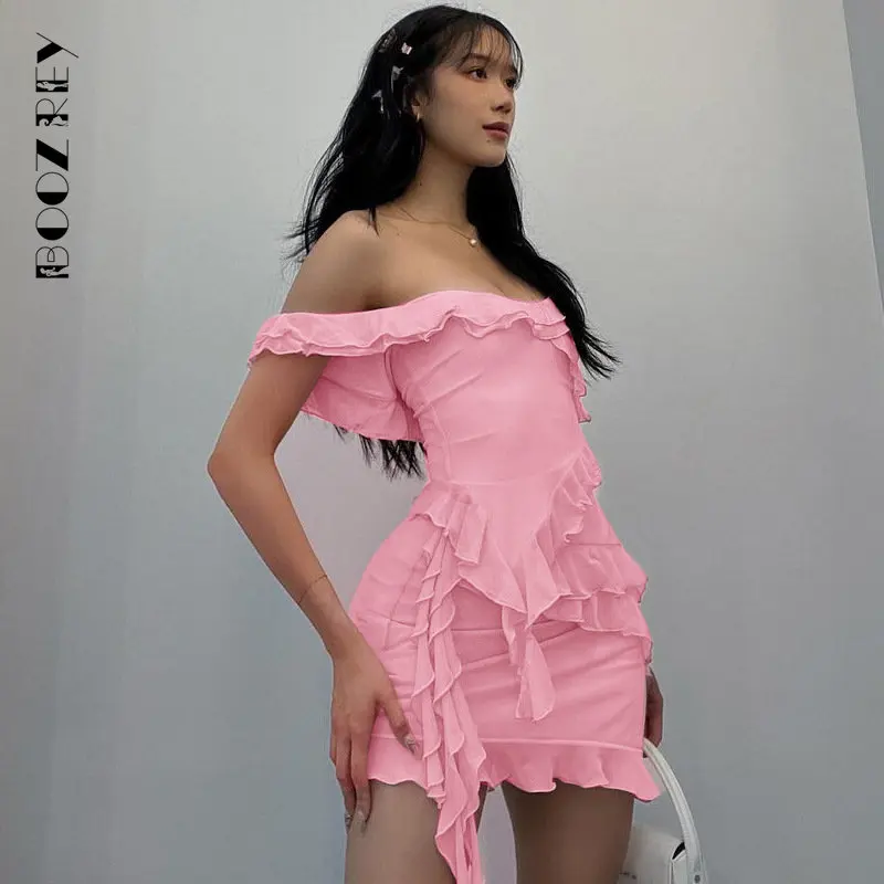 BoozRey Sexy Party Ruffles Two Piece Set U Neck Crop Top And Mini Skirts Slim Bodycon 2 Pieces Set Women 2023 Summer Outfits