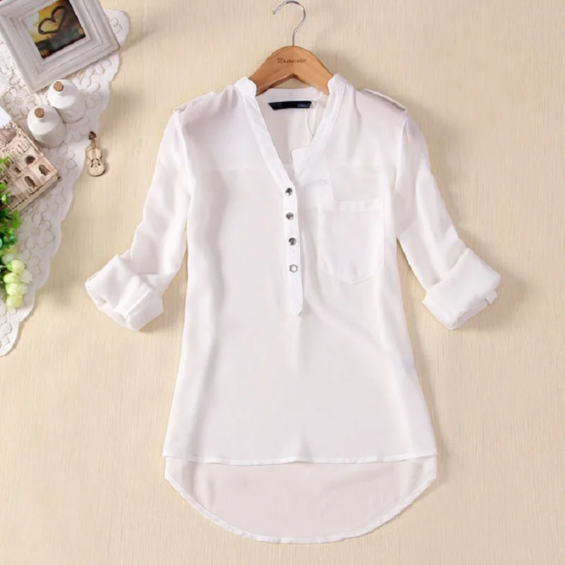 Spring Women Long Sleeeve Shirt White Solid Color Button Transparent Elegant Ladies Chiffon Blouses Tops Female