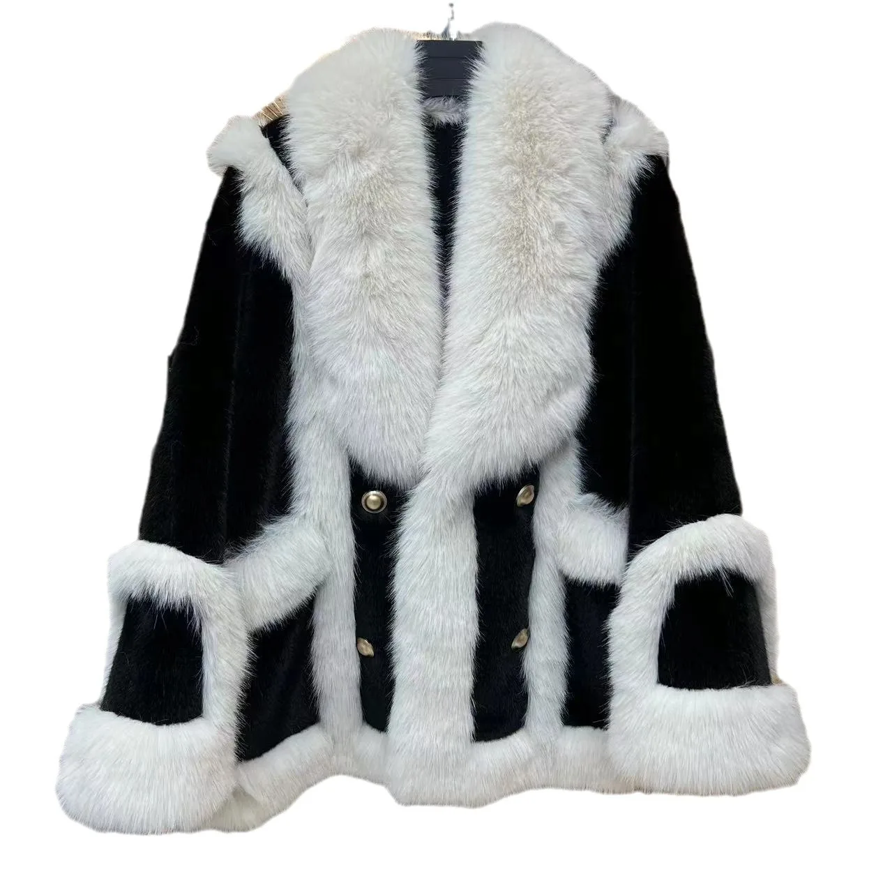 Fashion Color Contrast Fur Integrated Coat Female 2024 Winter New Elegant Black and White long sleeve Lamb Wool Furry Jackets