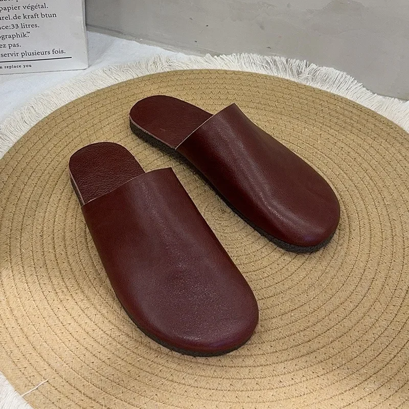 Birkuir Slip On Closed Toe Slippers For Women Genuine Leather Low Heel Slides Round Toe Summer Slippers Soft Sole Beach Slides