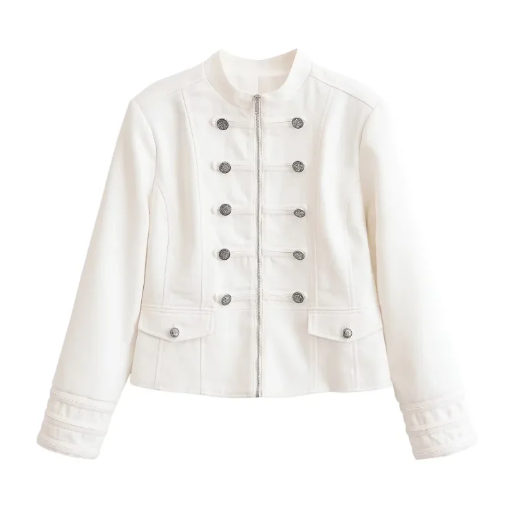 Veste blanche minimaliste à col montant structuré, silhouette ajustée et élégante, accents en cordon