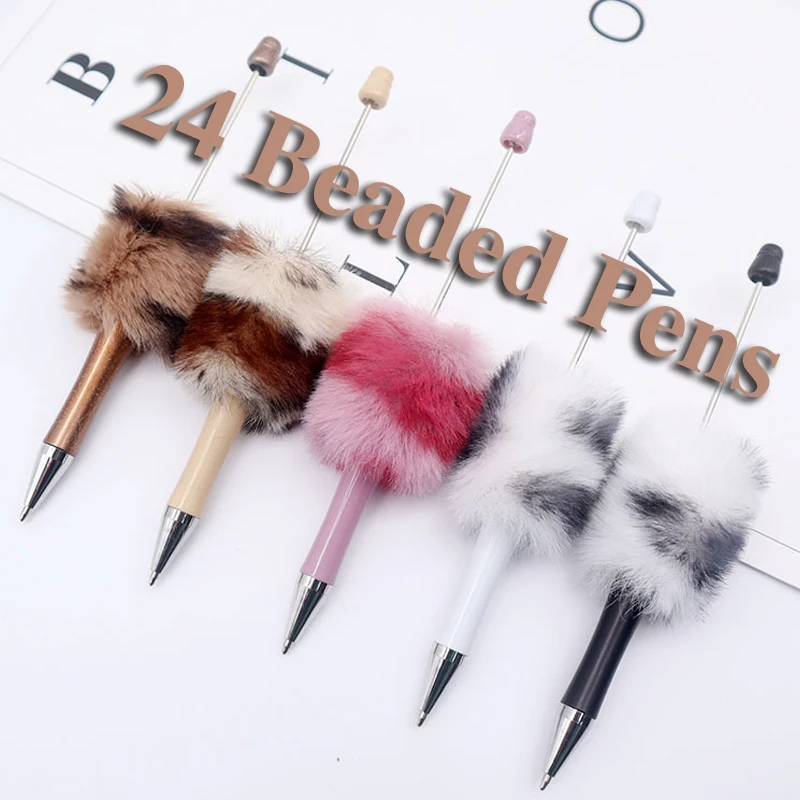 24Pcs leopard print Plush Beaded Pen Bead DIY Pen Plastic Beadable Pen Bead Pen School Office Writing Supplies Stationery