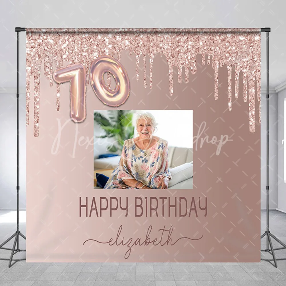 パーソナライズされた写真付きローズゴールド70歳の誕生日背景幕（女性用）、光沢のある写真撮影用背景、フォトブースデコレーション