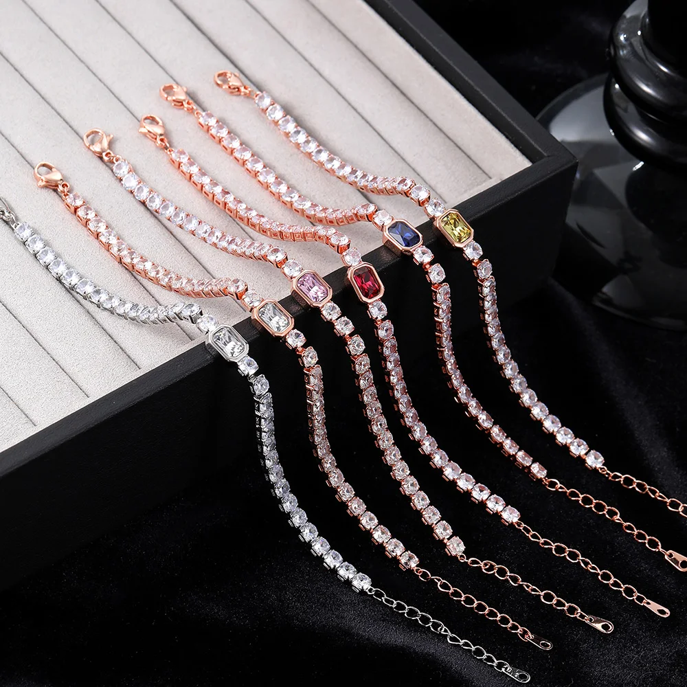 Korean Fashion Tennis Bracelet Women Simple Iced Out Multicolor Zircon Rose Gold Color Bangle Hand Jewlery Friend Gift KCH032