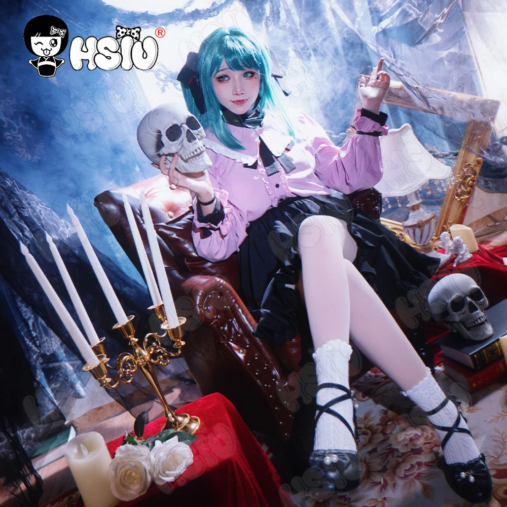 Vampire Miku Cosplay Costumes  Wig Cute Vampire Costume HSIU 45CM Blue-green double ponytail short hair Pink kawaii dress