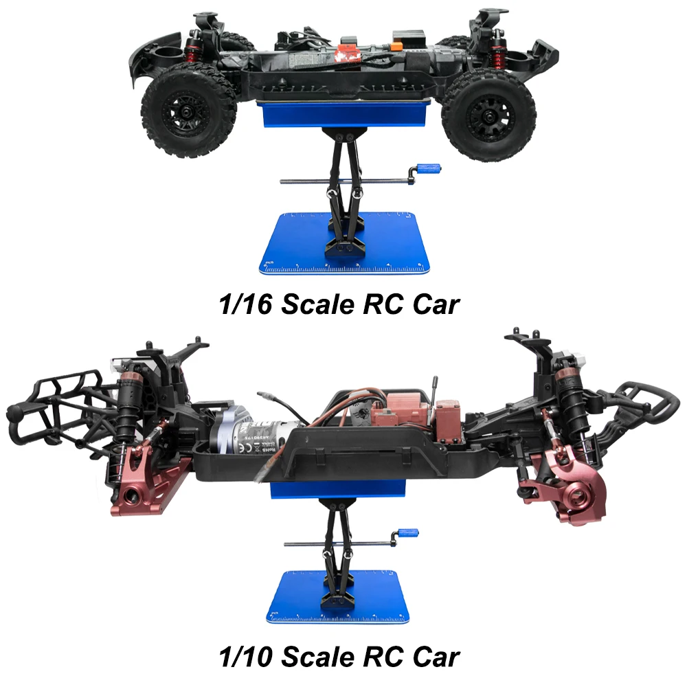 RC repair bench display stand with screw tray, silicone work mat, suitable for 1/10 and 1/12 remote-controlled vehicles.