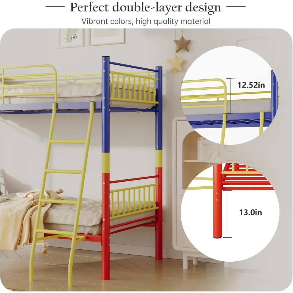 سرير مزدوج معدني بطابقين للبالغين والأطفال مع حاجز أمان وسلم، تصميم موفر للمساحة للاستخدام الفعال #3