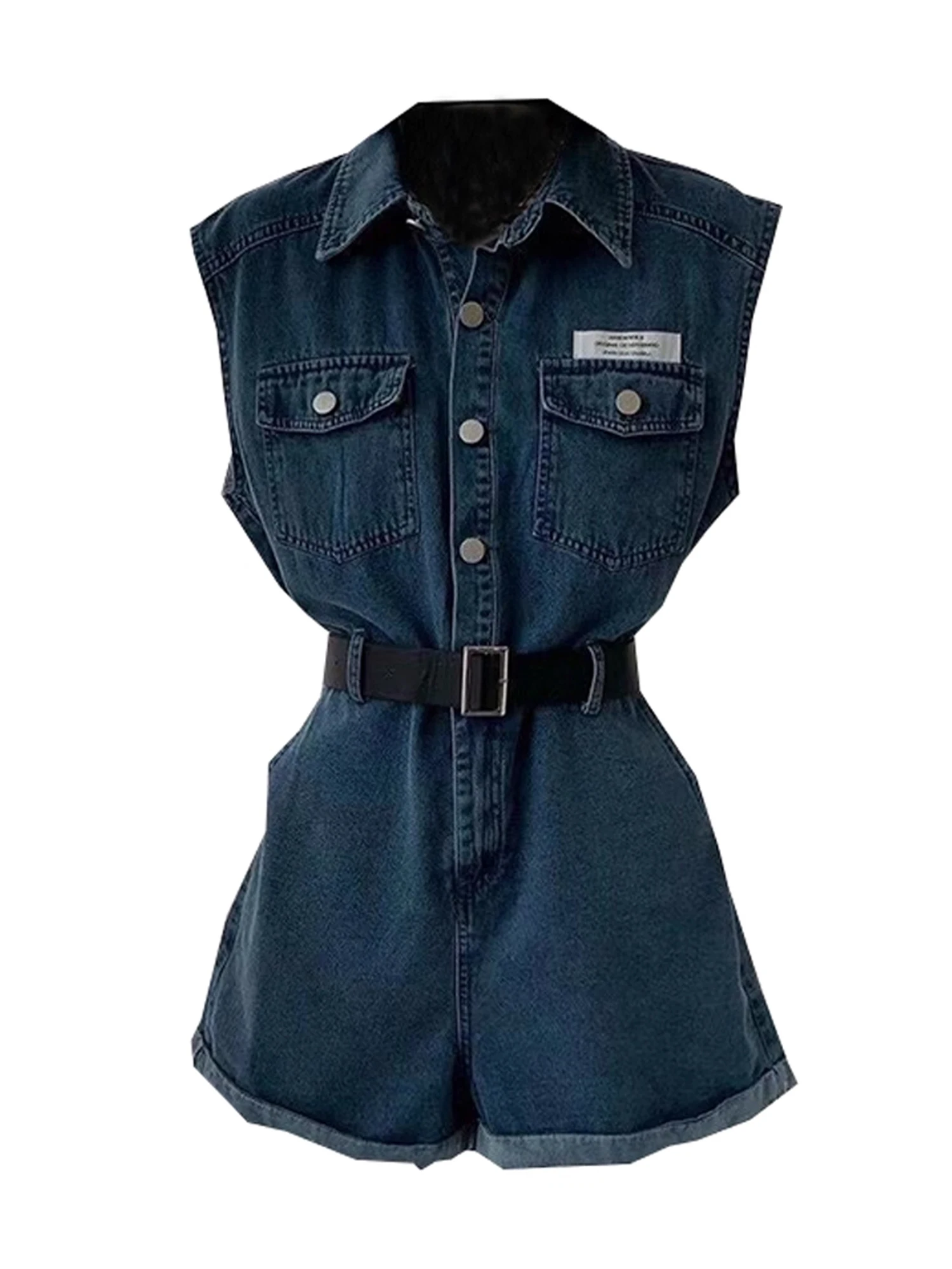 High Waist American Retro Hot Girl Workwear Blue Dress Pants Summer Women's Denim Vest Jumpsuit Shorts Straight Leg Short Pants
