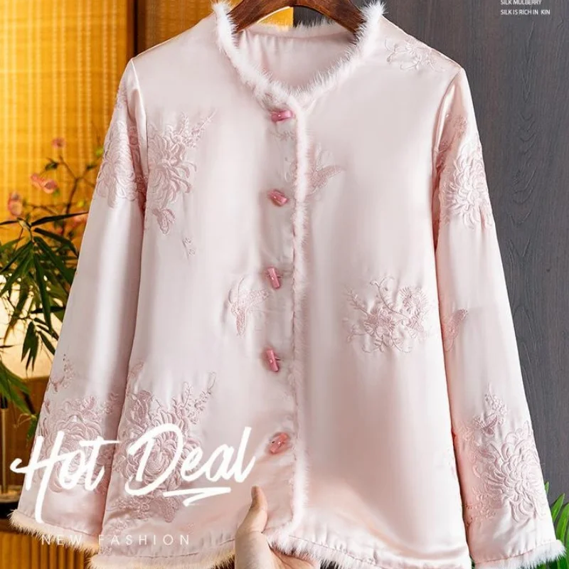 Chinese Stijl Borduren Splicing Bont Zijden Jas Vrouwen Herfst Winter High End Single Breasted Katoen Dames Outerwears