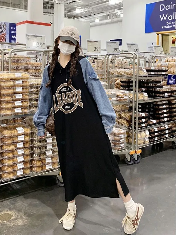 

plus Size Casual Loose Fit Denim Print Dr Women's Hoodie Dr Spring Season Breathable Comfortable Long Sve Straight Cut