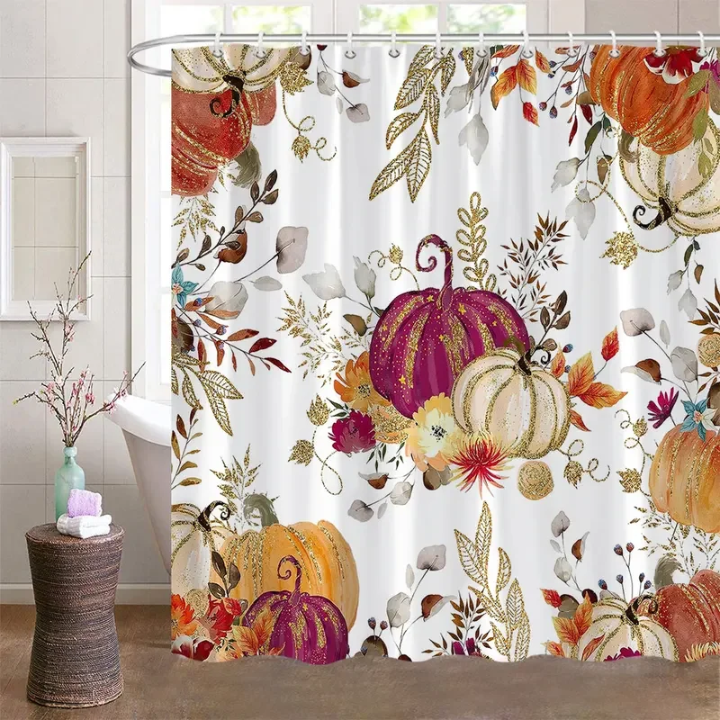 Fall Shower Curtains for Bathroom Autumn Pumpkin Harvest Farmhouse Thanksgiving Halloween Shower Bath With Hooks Bathroom Decor