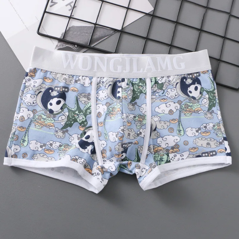 Mens Cotton Boxer Briefs Breathable Printed Underwear For Young Students