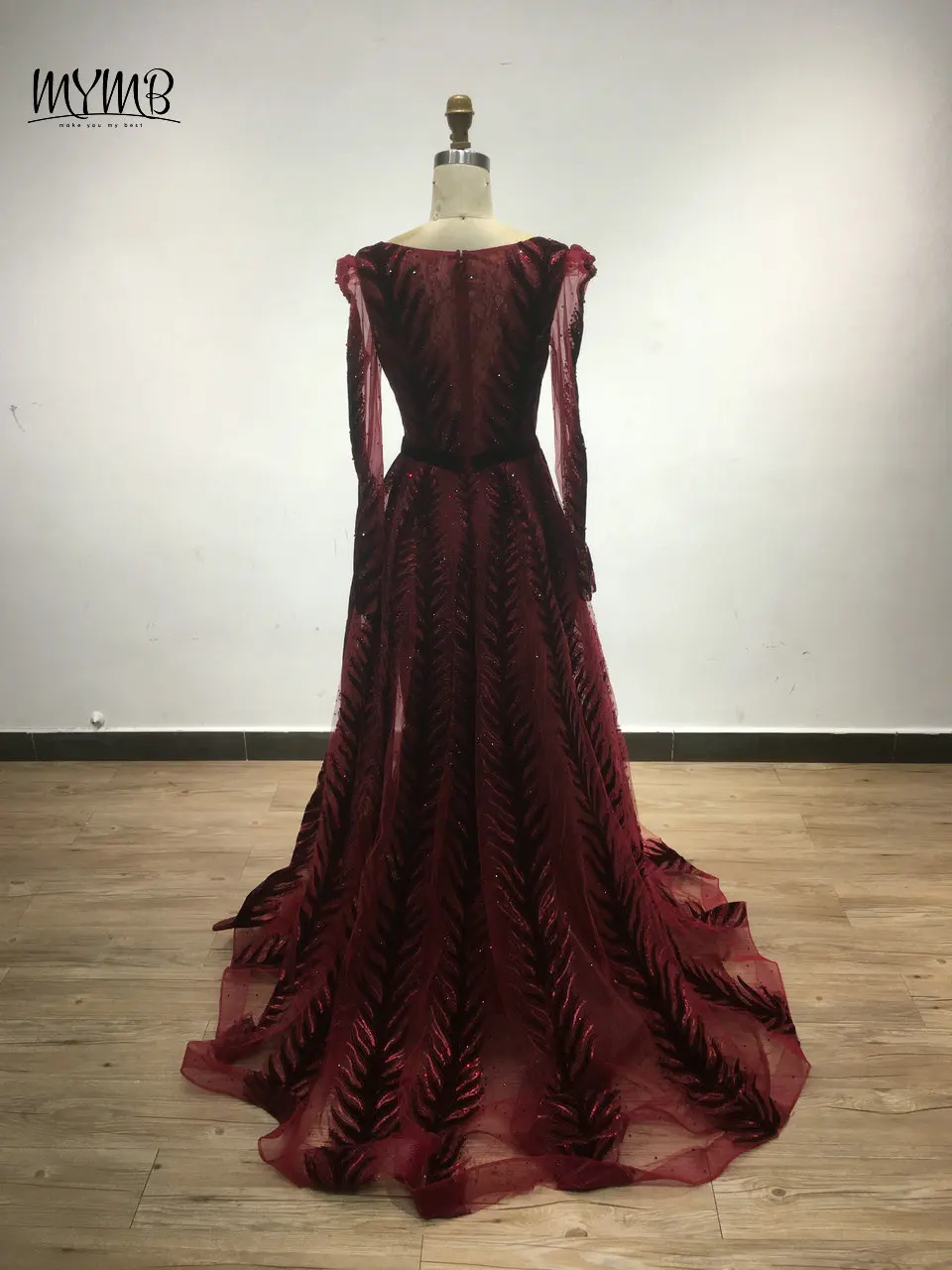 MYMB Muslimische Abendkleider in A-Linie mit langen Ärmeln für formelle Anlässe, luxuriöse arabische Hochzeitsgastkleider mit V-Ausschnitt und Perlen – Detail 7