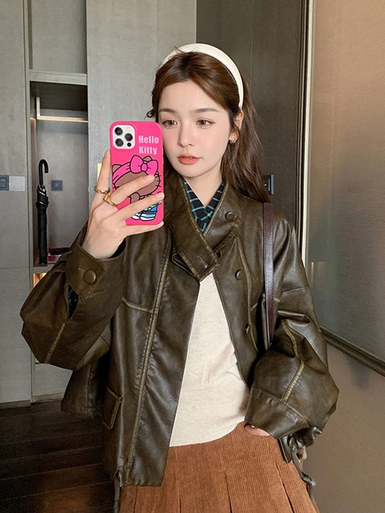 2025 Spring and Autumn new style women leather jacket American style retro brown stand up collar short leather jacket