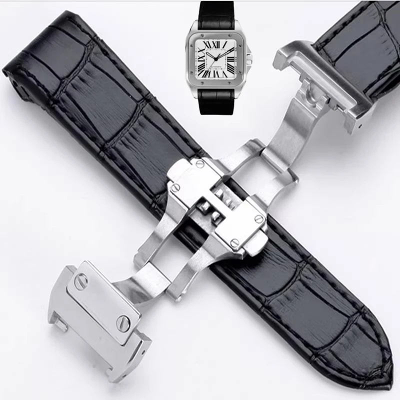 Premium-Grade Genuine Leather Watch Strap For Cartier Watchband Santos 100 Series Men's And Women Folding Buckle 20mm 23mm