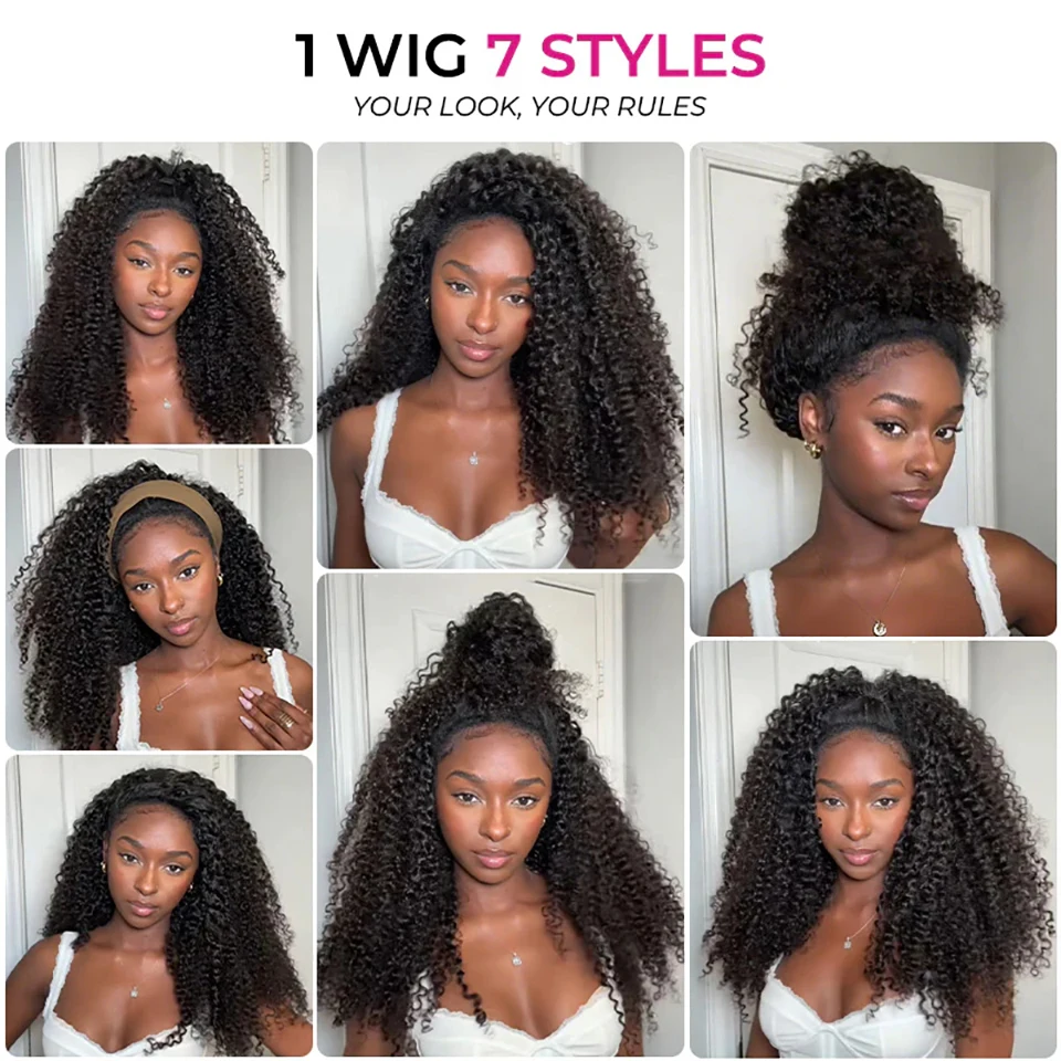 Glueless Afro Kinky Curly Half Wigs Human Hair With Drawstring Seamless Clip Ins Flip Over 300% Curly Headband Wig V Part Wig image 5