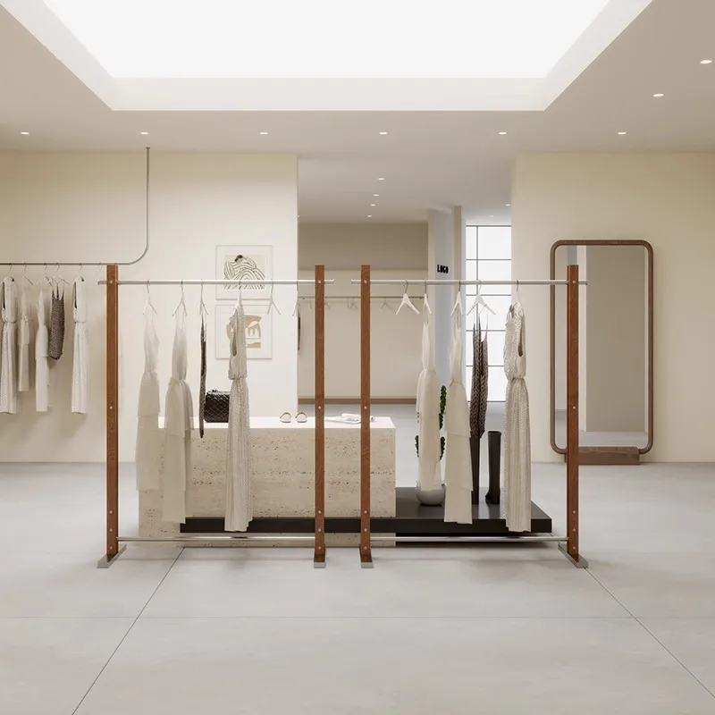 의류 매장 진열대, 월넛 중세풍 행거, 여성 의류 구매자 매장용 스테인리스 스틸 바닥 원목