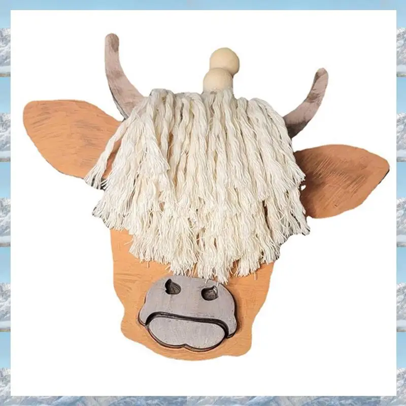 2025 Hot Style Cow Head Pendant Macrame Car Charm Tassel Horn Wooden Pendant Decorative Highland Cattle Rear View Mirror Hanging