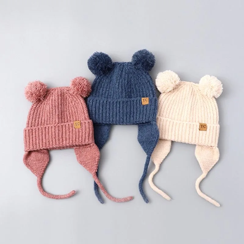 Baby solid colour tie ear protection cap autumn and winter children's ball wool cap cute versatile face protection knitted cap t