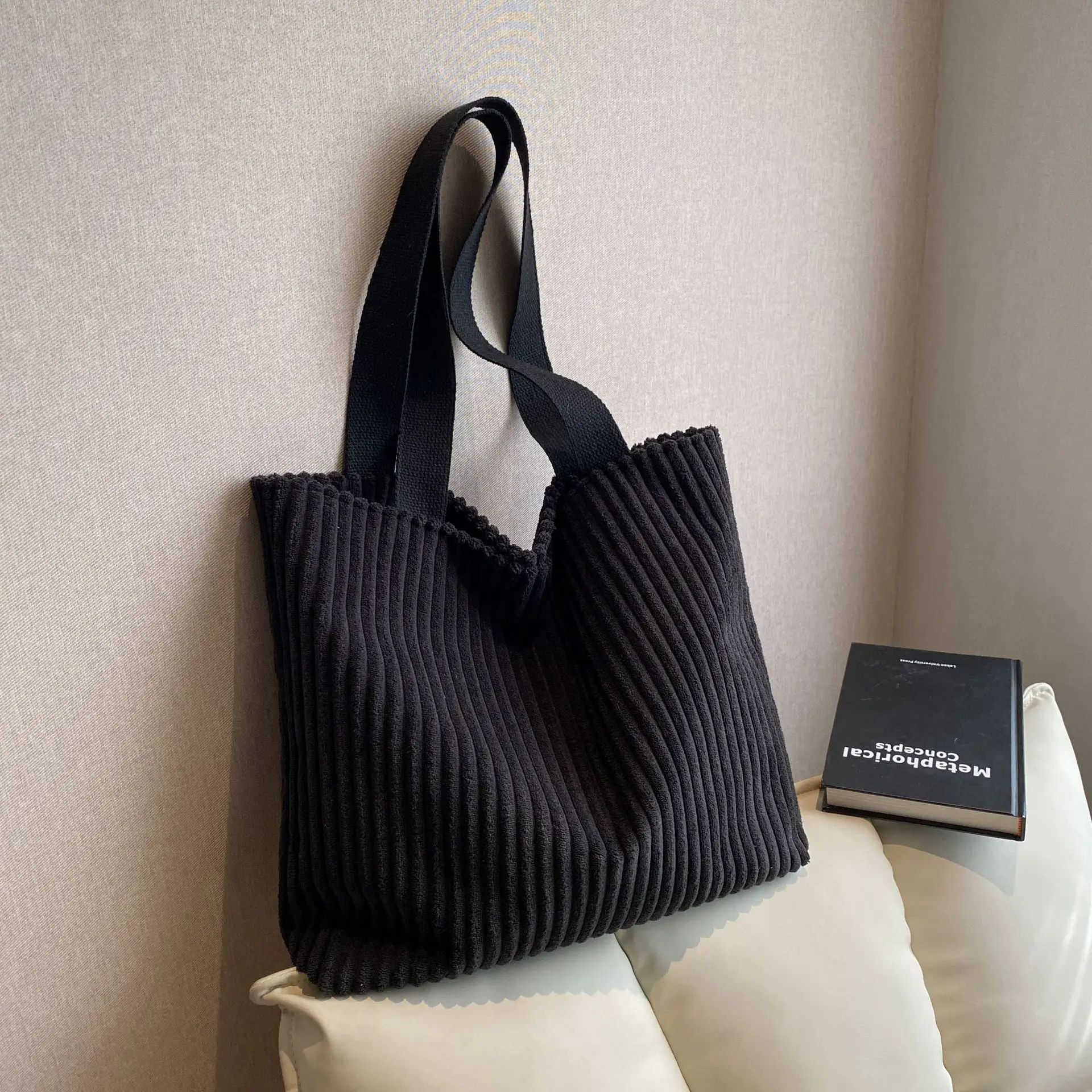 Simplicity Large Capacity Woman Causal Tote Bag Commute Lightweight Versatile Pure Color Corduroy Shoulder Bag