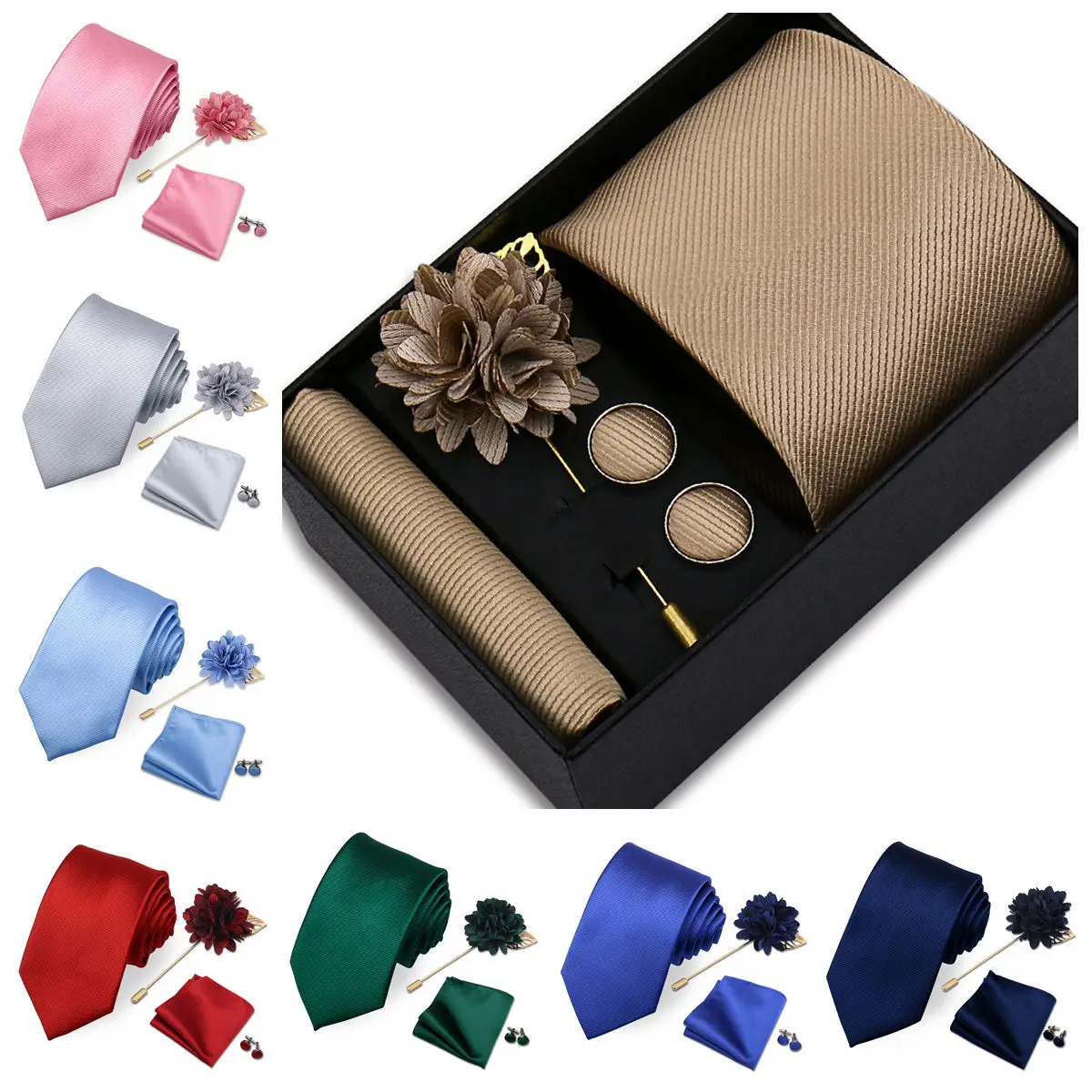 

Men Tie Set Flower Pin Solid Color Necktie Hanky Cufflinks Brooch Set Top Quality Business Man Ties Buckles Gift Box Gravatas