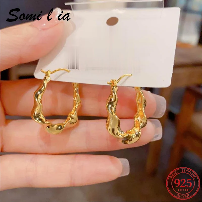Somilia 925 Sterling Silver Retro Irregular Light‑Luxury Geometric Hoop Earrings Women Fashion Gift