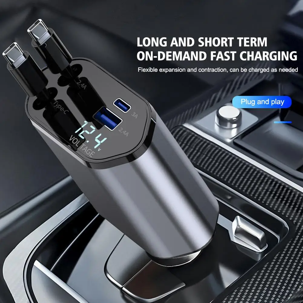 

4 In 1 100W PD Car Charger Quick Charger With 2 Retractable Cables Type C Fast Car Charger Voltmeter Power For IPhone Huawe C7Z0