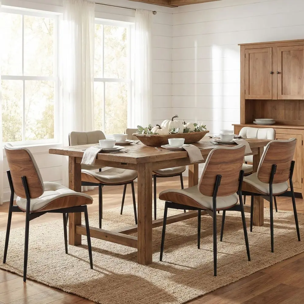 

Dining Chairs Set of 6, Mid Century Modern Faux Leather Dining Chairs with Walnut Bentwood Back and Metal Legs for Dining Room,