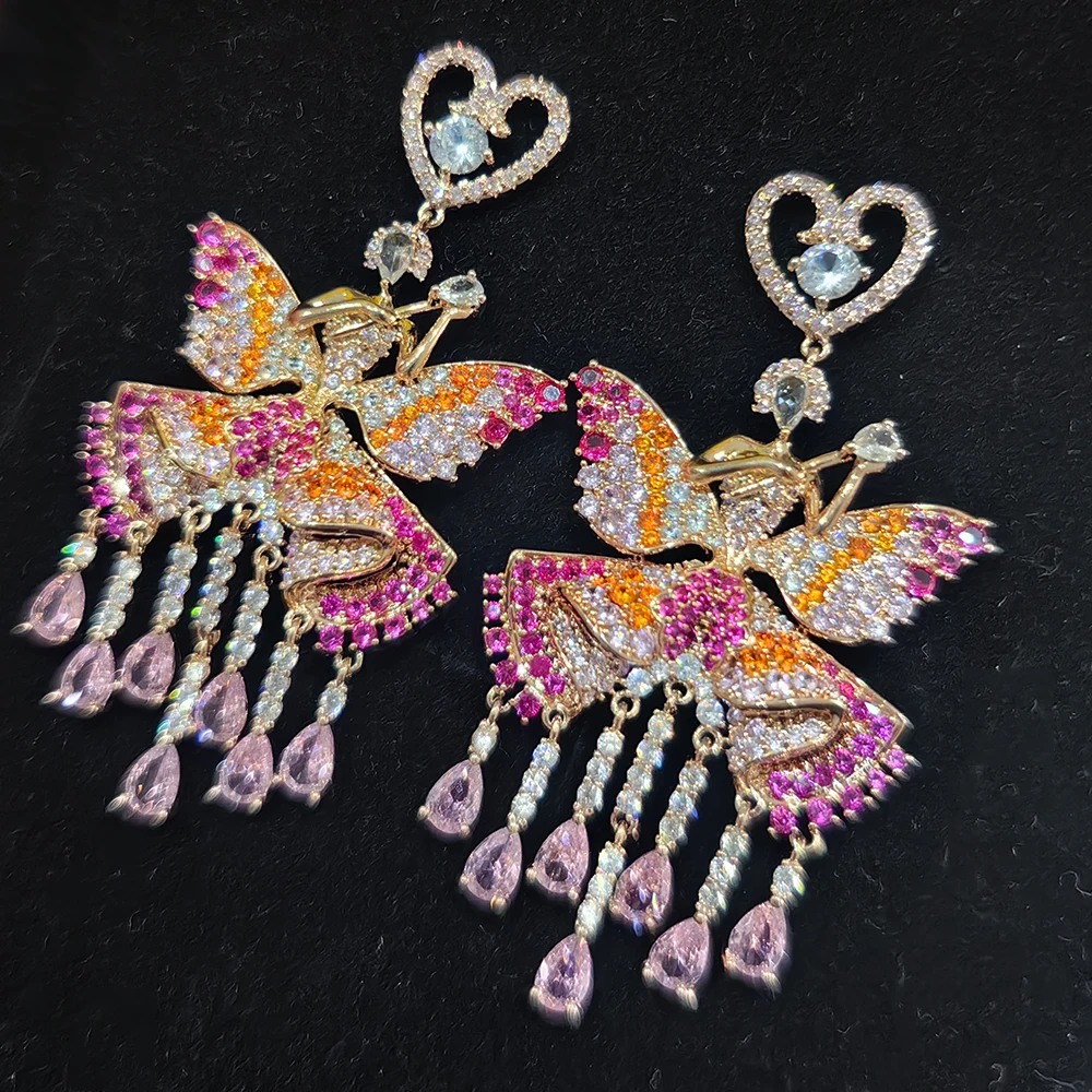 Luxury Sparkly Cubic Zirconia Dancing Ballerina Butterfly Earrings Pink Fairy Long Large Tassel Earrings Bridal Banquet Jewelry