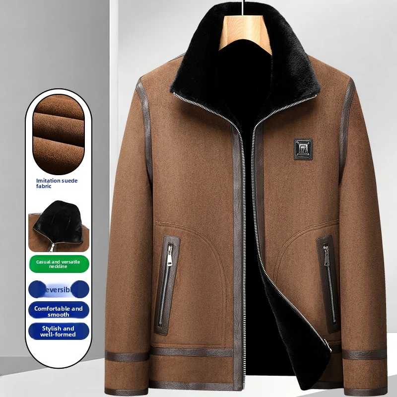 Men Double Sided Wear Faux Suede Jacket Fleece Lined Stand Collar Winter Warm Fur Integrated Style Casual Zipper Coat
