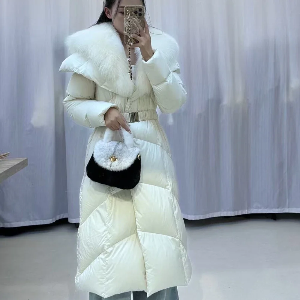 Nuevo Otoño Invierno cuello de piel de zorro abrigo de plumas de ganso blanco ropa de mujer largo grueso cálido chaqueta acolchada esponjosa de piel Real femenina