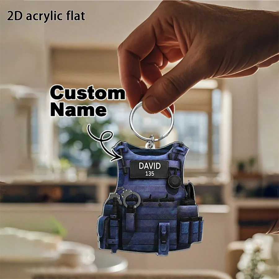 Personalisierter 2D-Flach-Acryl-Schlüsselanhänger mit Polizei-Schutzweste, Erinnerungsgeschenk für Freunde und Familie, Weihnachtsgeschenk, individueller Schlüsselanhänger